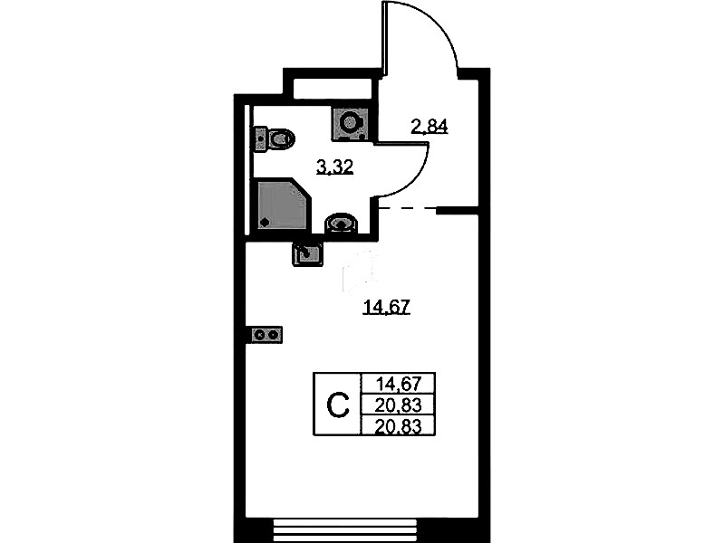 Квартира студия 20.83 м², 7/9 эт., ЖК «GloraX Новоселье»